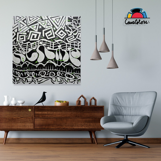 Modern living room with a decorative wall art piece, wooden cabinet, and gray chair.