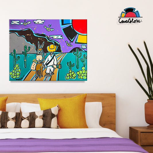 Colorful abstract painting on a wall above a bed with decorative pillows.