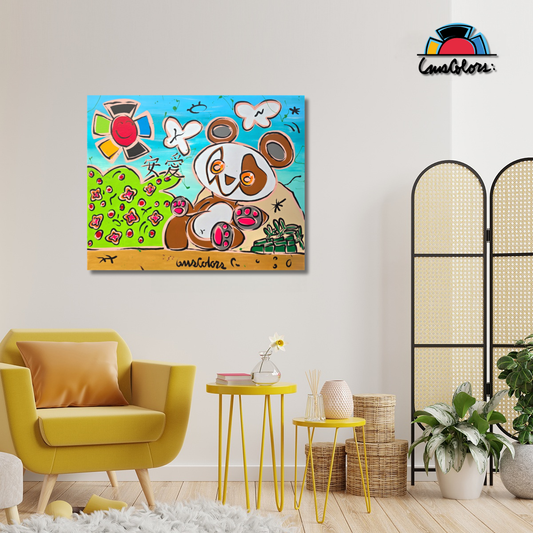 Colorful abstract painting of a panda on a wall in a modern living room.