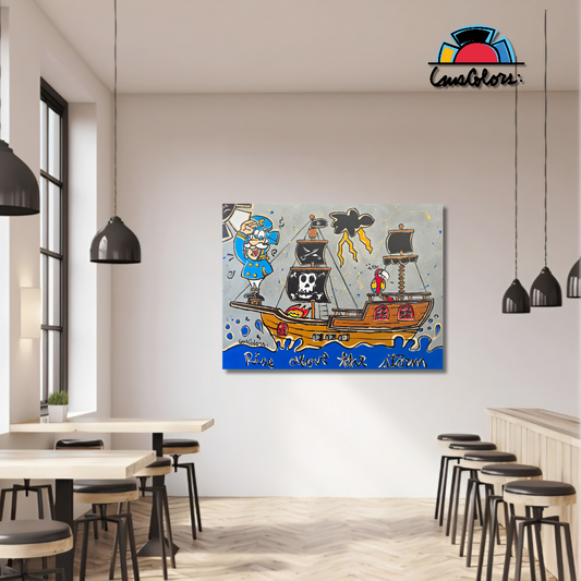 Colorful pirate-themed painting on a wall in a modern dining area.