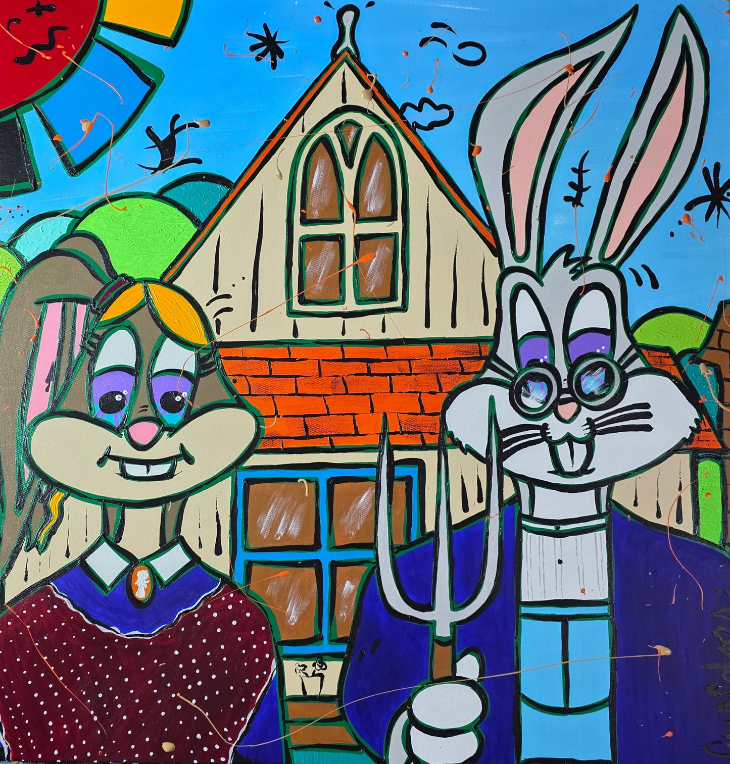 Colorful cartoon-style illustration of a rabbit and a cat in front of a house.