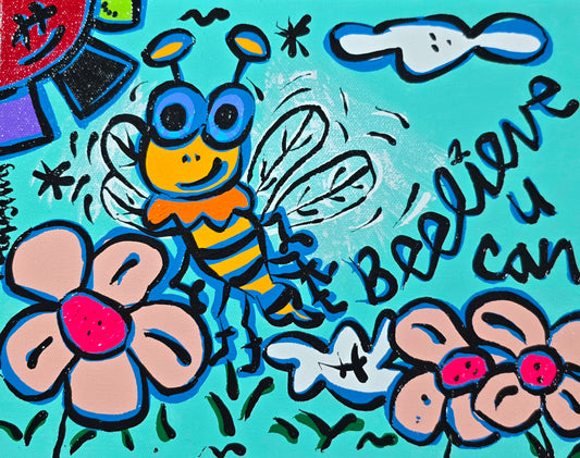 Colorful illustration of a bee and flowers on a blue background