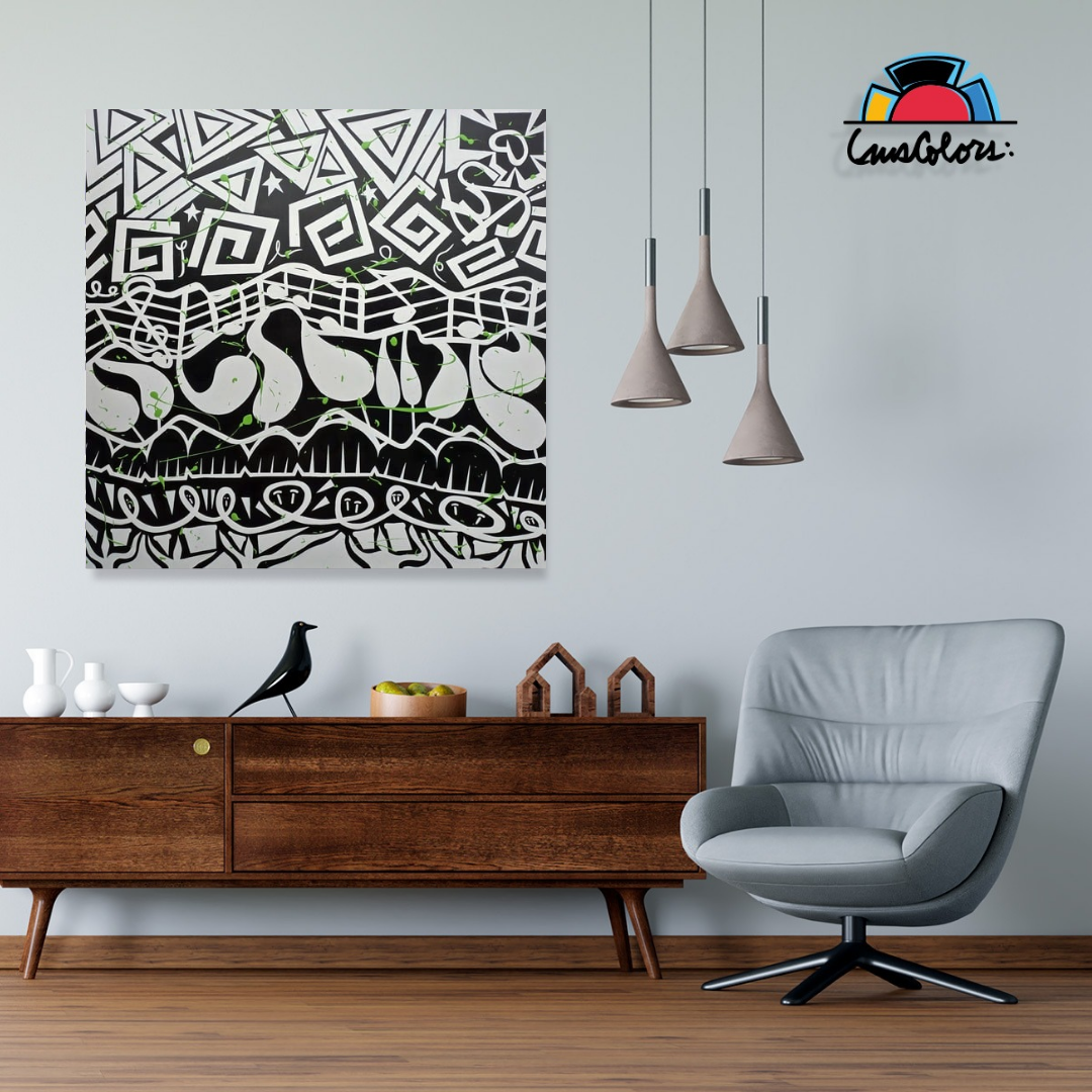 Modern living room with a decorative wall art piece, wooden cabinet, and gray chair.