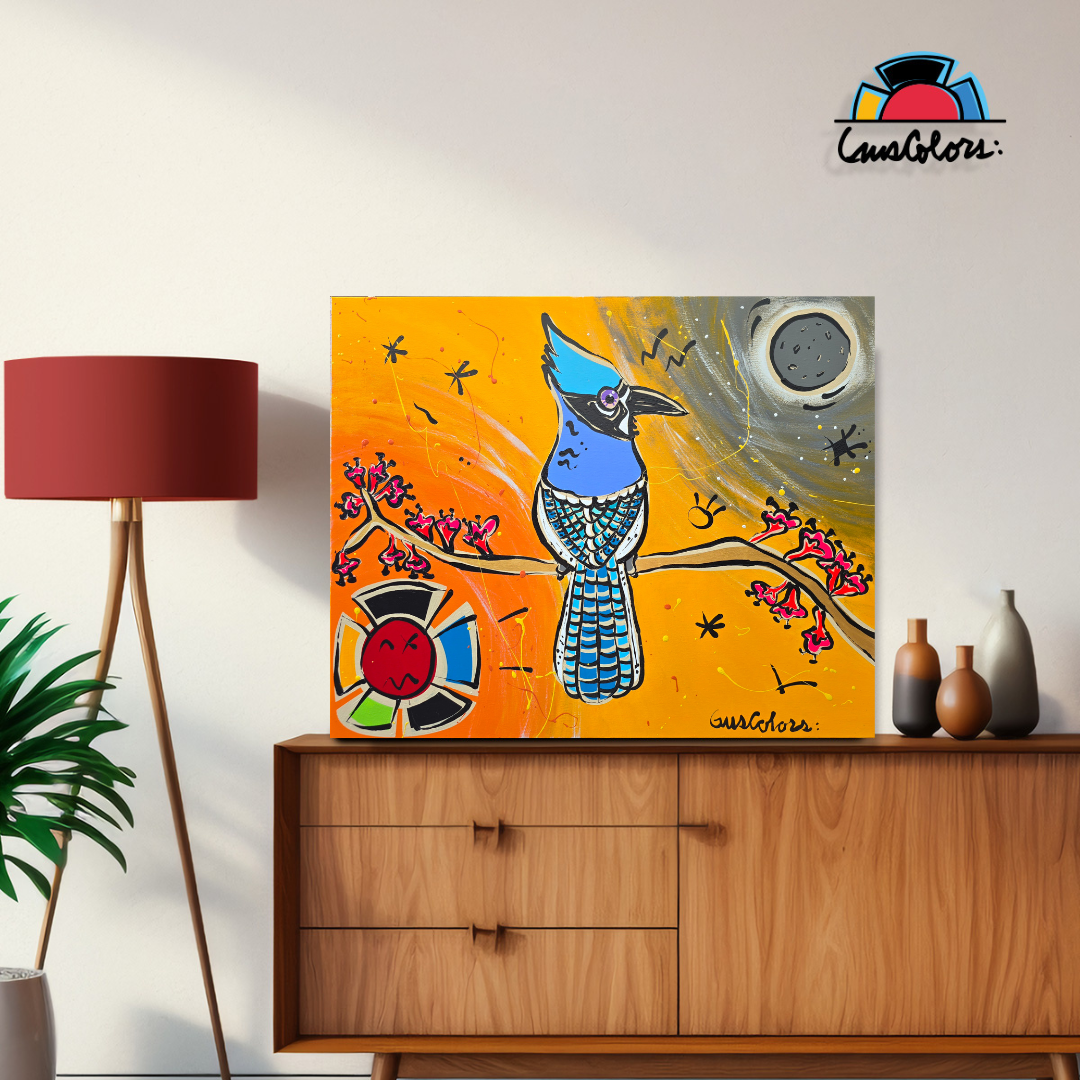 Colorful bird painting on a wall above a wooden cabinet with Casa Colours logo.