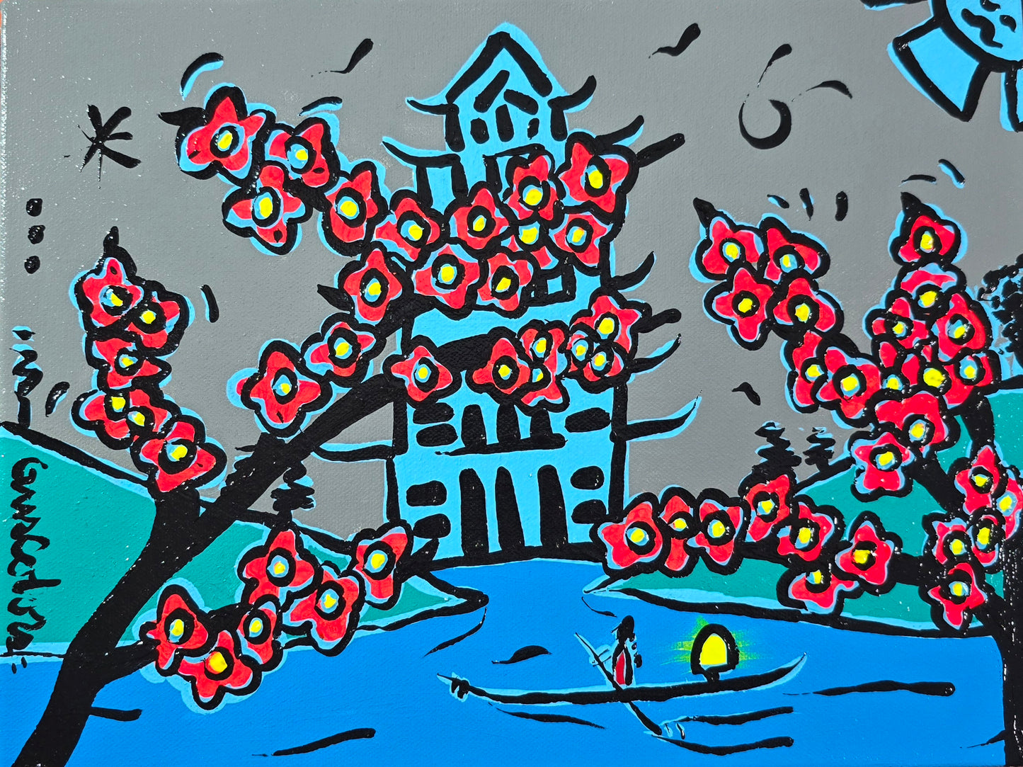 Artistic depiction of cherry blossoms with a pagoda and a person in a boat on water.