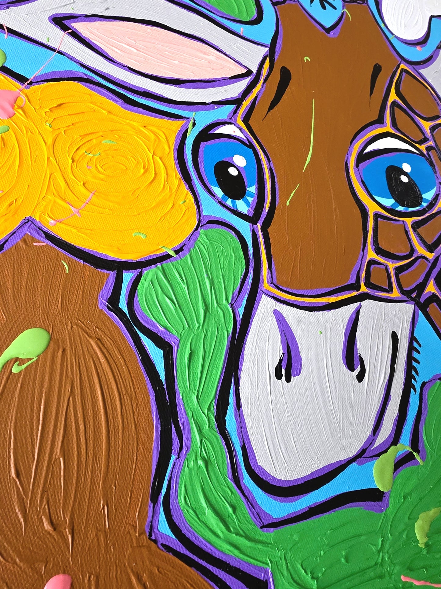 Colorful painting of a giraffe  with blue eyes and a white muzzle.