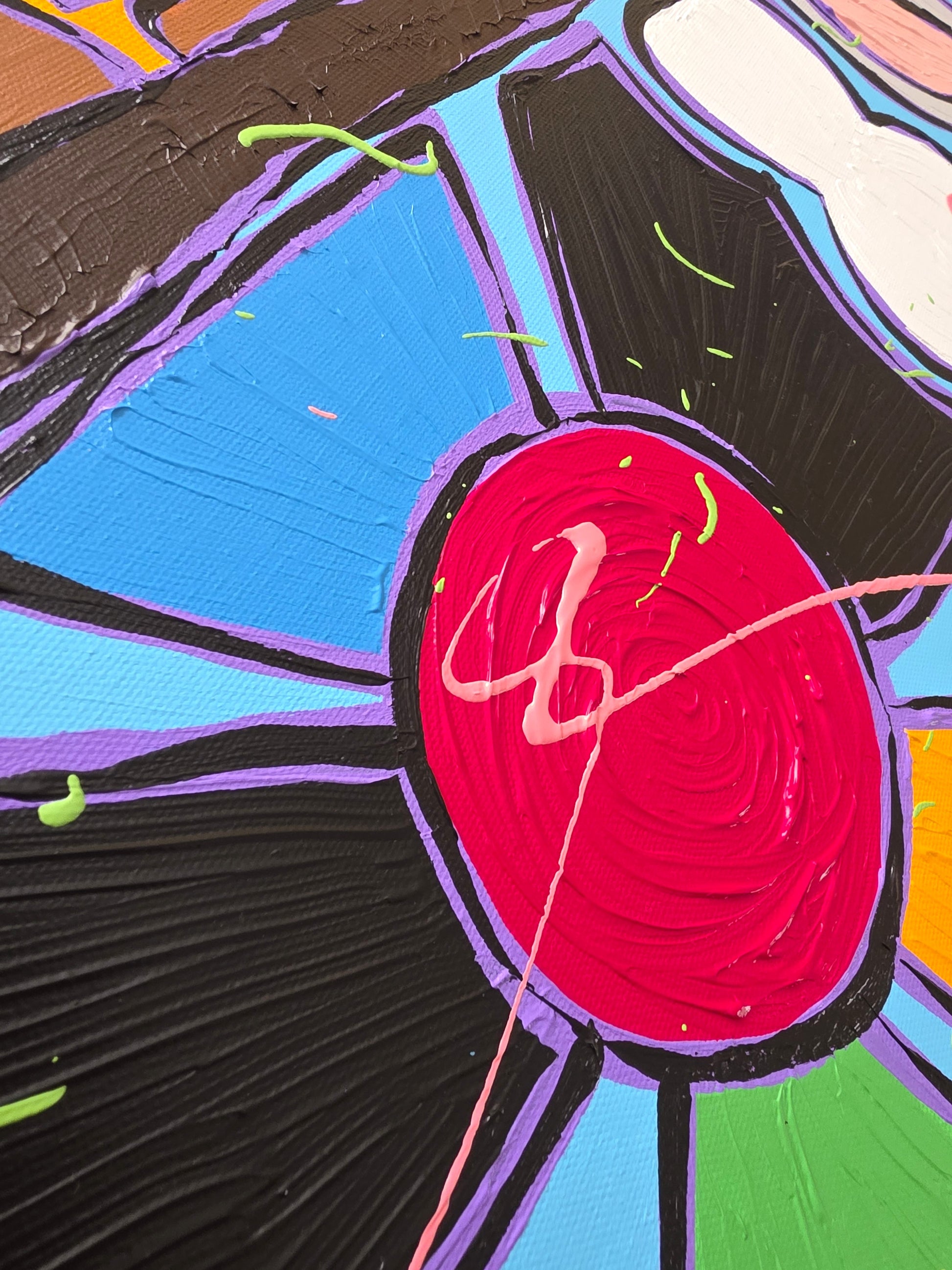 Abstract artwork with a red circle and black petals on a colorful background