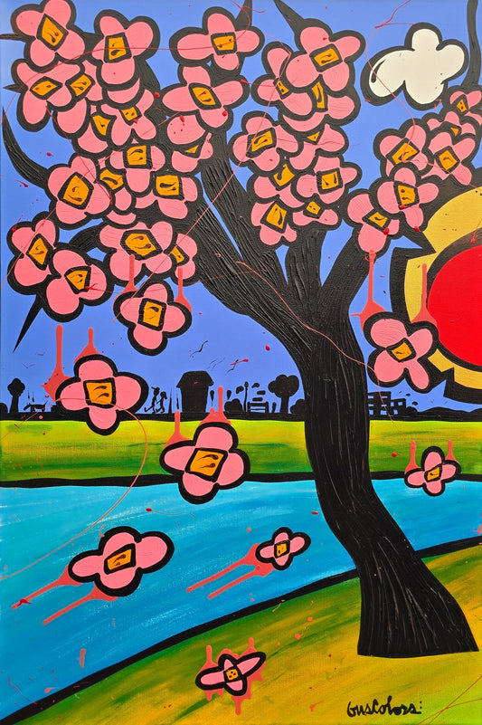 Colorful artwork of a cherry blossom tree with pink flowers and a blue sky.