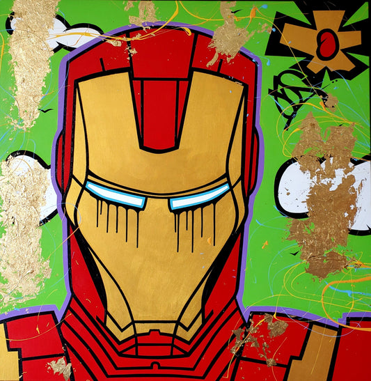Red and gold Iron Man suit on a colorful abstract background