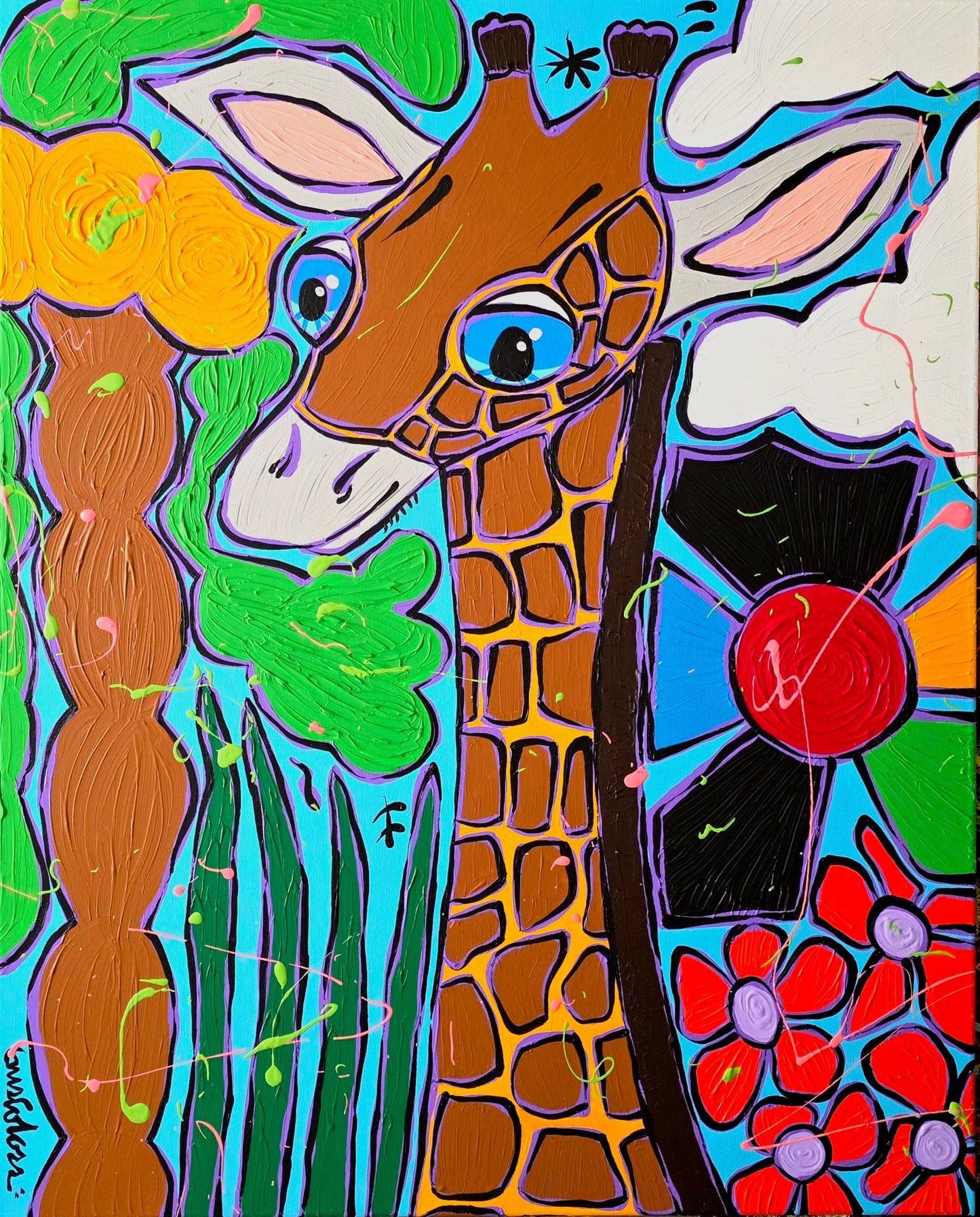 Colorful painting of a giraffe with floral elements