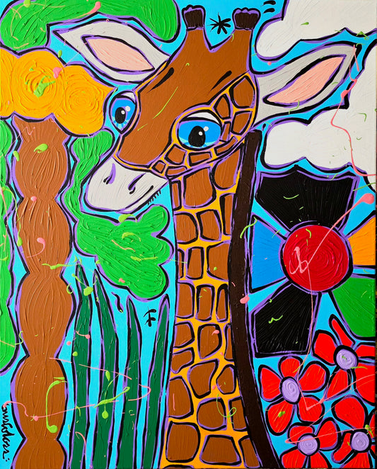 Colorful painting of a giraffe with floral elements