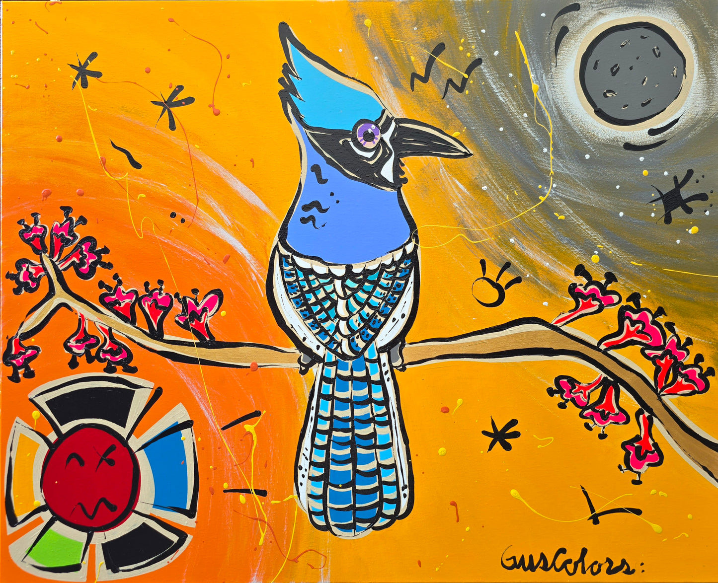 Colorful abstract painting of a bird on a branch with flowers and a moon in the background