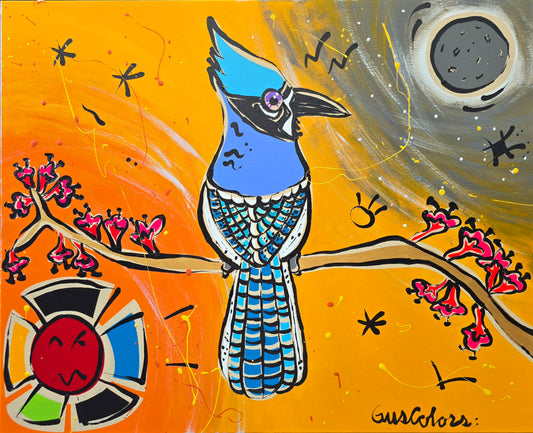 Colorful abstract painting of a bird on a branch with flowers and a moon in the background