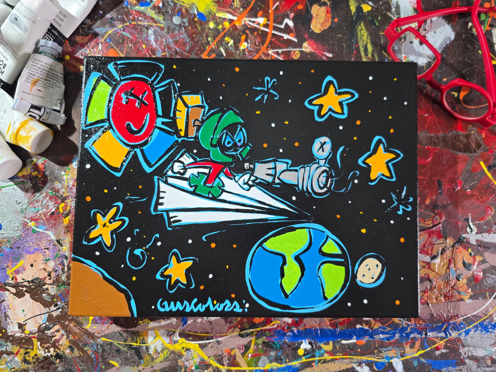 Colorful painting of a character in space with stars and Earth on a textured surface.