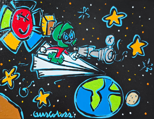 Cartoon character in a spaceship with stars and Earth in the background