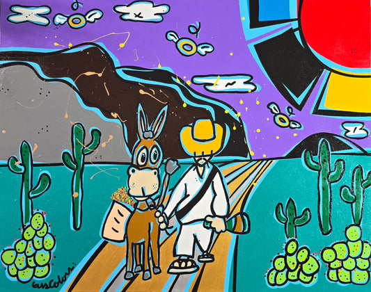Cartoon illustration of a person with a donkey walking on a road with cacti and a purple sky.