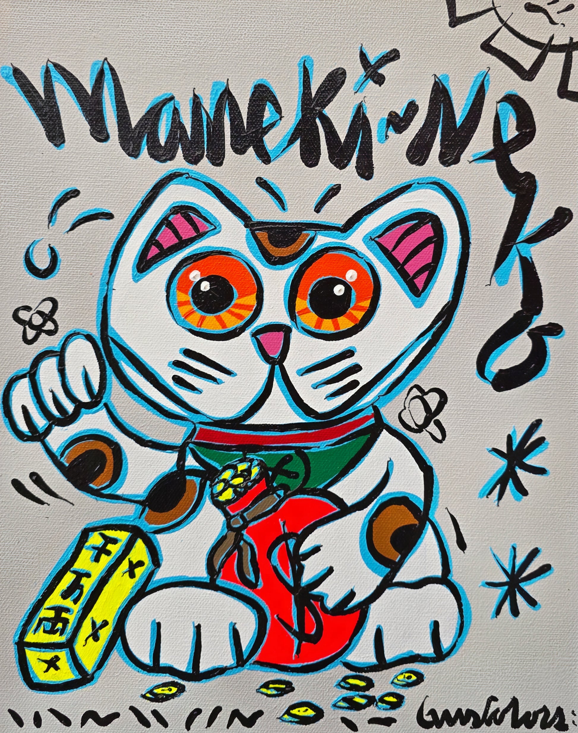 Colorful cartoon-style cat with Maneki Neko text on a gray background