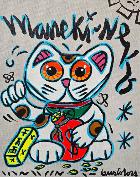 Colorful cartoon-style cat with Maneki Neko text on a gray background