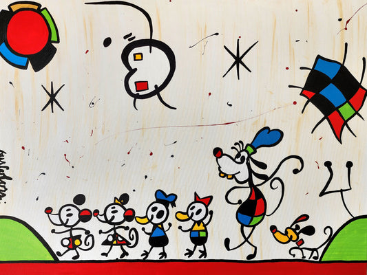 Abstract artwork with colorful characters and shapes on a beige background