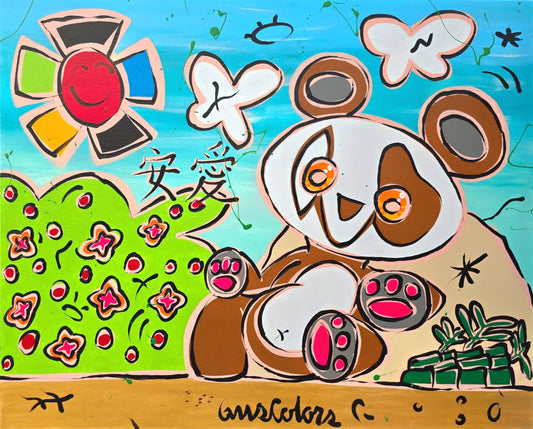 Colorful illustration of a panda with flowers and butterflies on a blue background