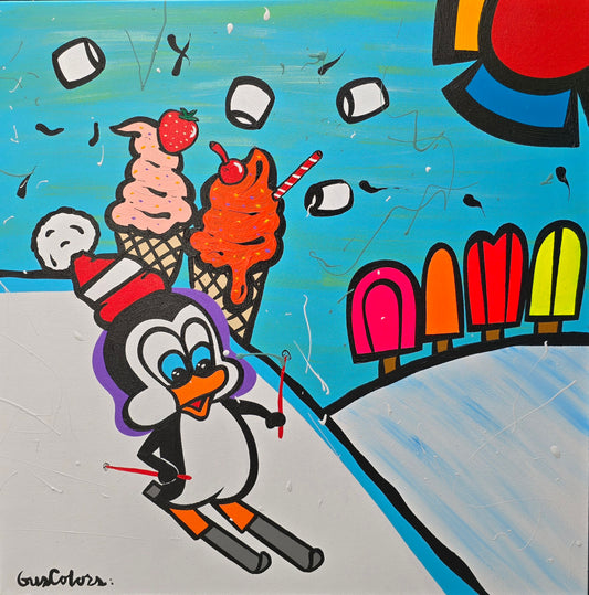 Cartoon penguin skiing with ice cream cones and colorful ice lollies in the background