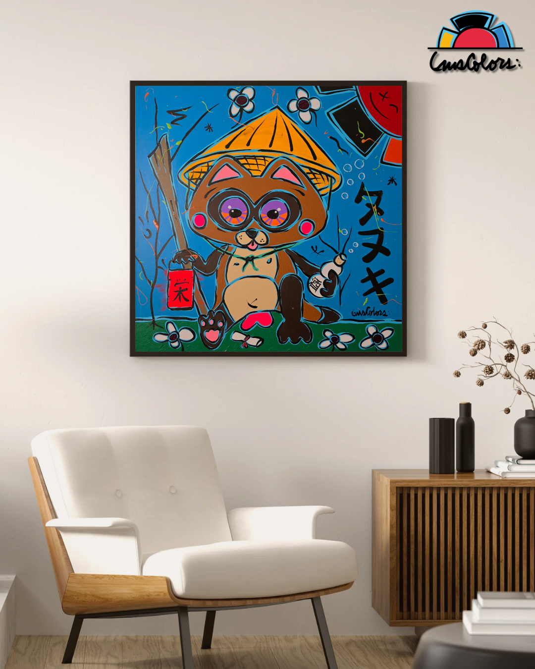 Colorful artwork of a cartoon character with a hat on a wall in a living room.