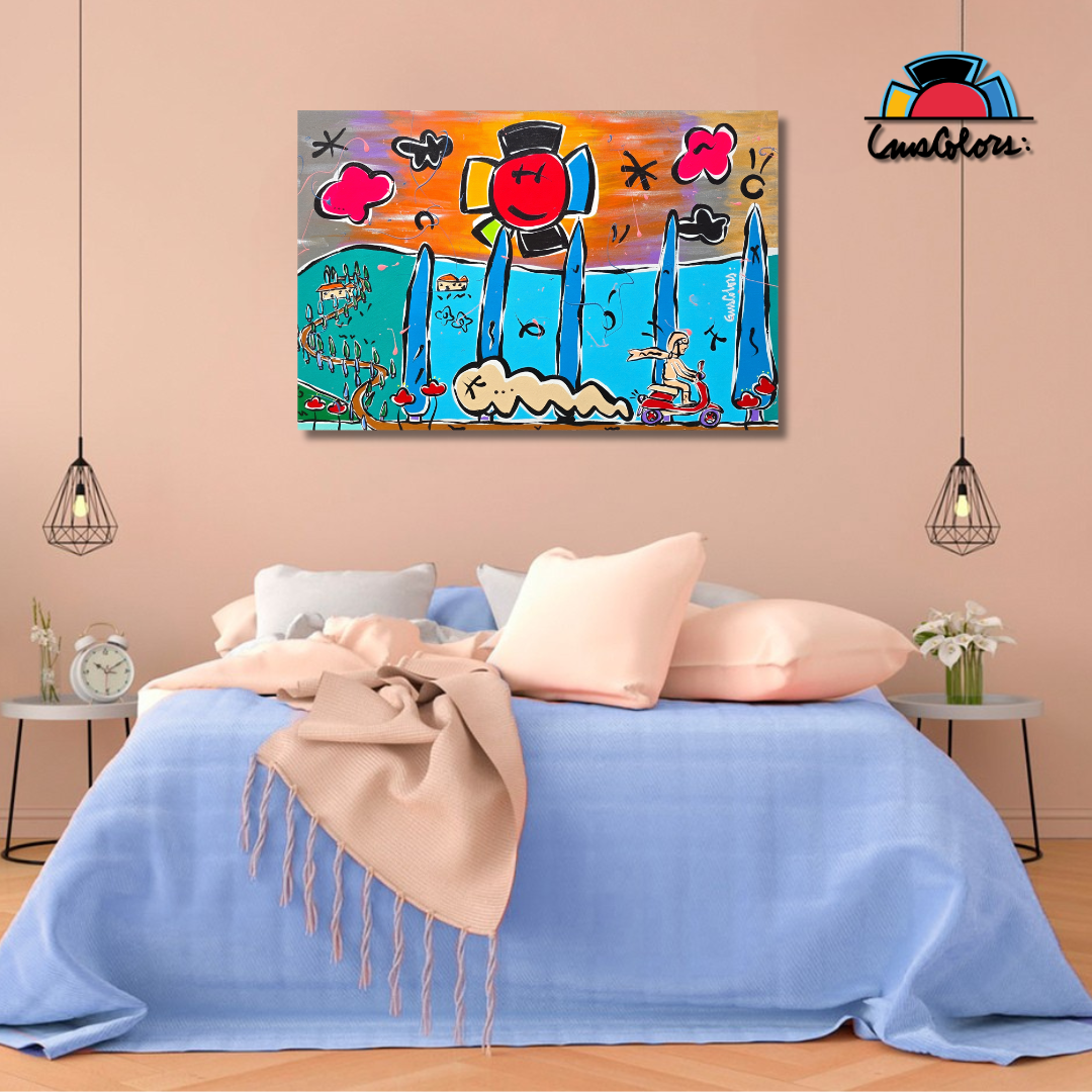 Colorful abstract painting on a wall above a bed with pink pillows and a blue blanket.
