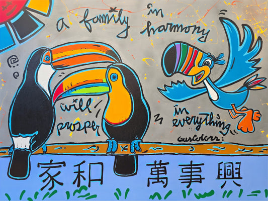 Colorful artwork with birds and text on a gray background