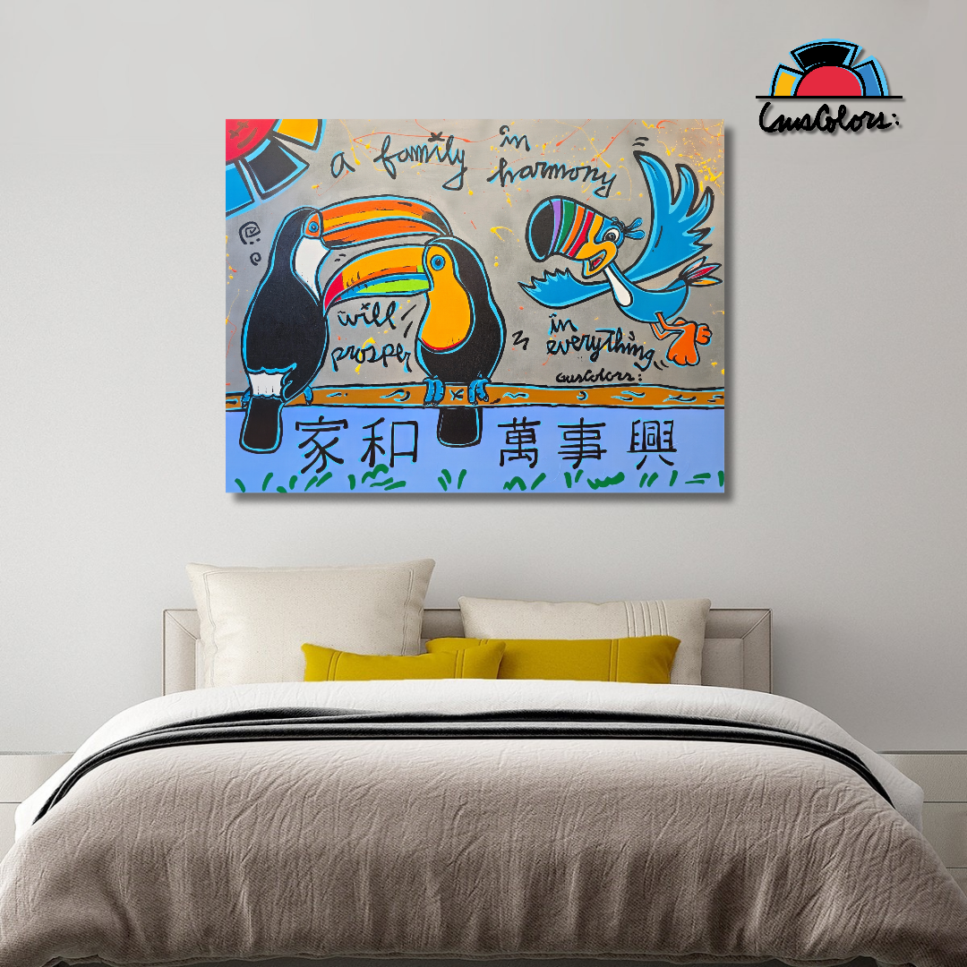 Colorful wall art with birds and text above a bed in a bedroom.